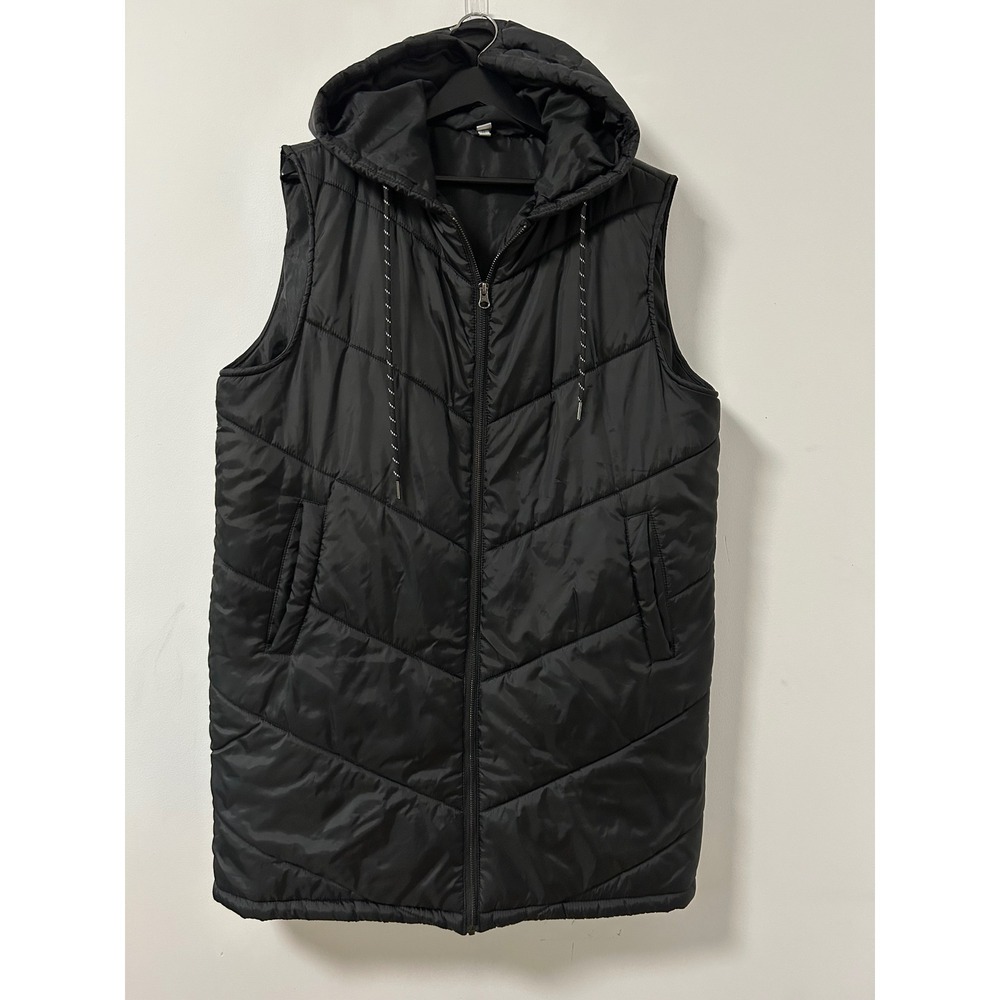 Zella Puffer Quilted Vest Women Large Black Longline Hooded Gorpcore Outerwear
